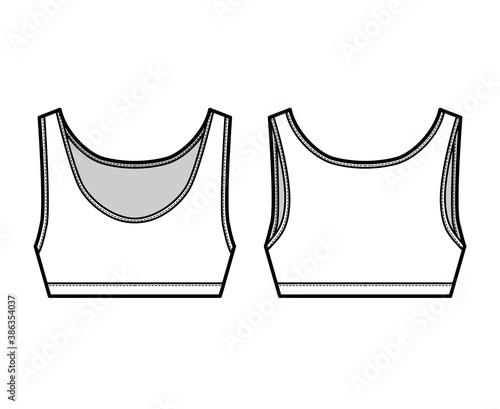 Sport Bra lingerie top technical fashion illustration with wide shoulder straps. Flat brassiere template front, back white color style. Women men unisex athletic stretch underwear CAD mockup