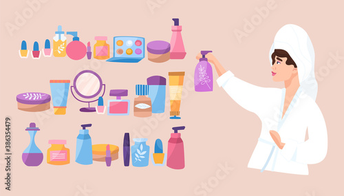 Skin care and cosmetics concept. A young pretty girl in a Bathrobe and with a towel around her head choosing cosmetics for skin care. Flat cartoon vector illustration.