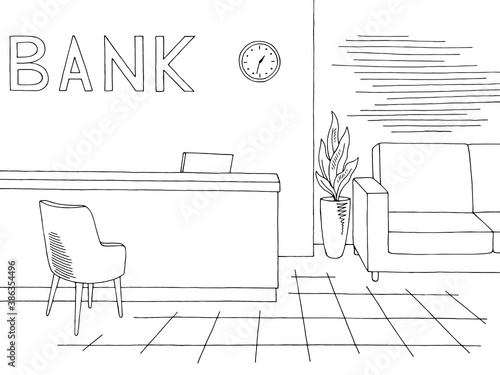 Bank interior graphic black white sketch illustration vector