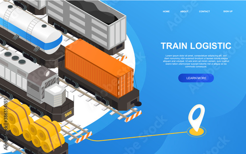 Railroad transportation concept with different types of rail freight wagons. 3d isometric vector illustration. Web page, website or landing page template.