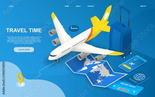 Time to travel abstract isometric concept with a flying airplane surrounded by a suitcase, smartphone, air ticket, passport and world map. Cartoon vector illustration. Website template