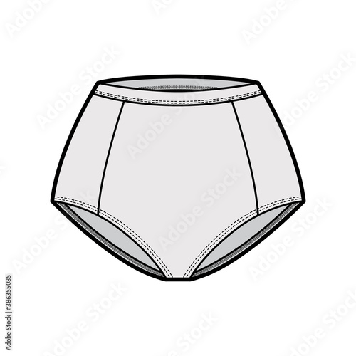 Control briefs panties underwear technical fashion illustration with mid waist rise, full hips coverage. Flat boxers lingerie template front, grey color style. Women men unisex CAD mockup