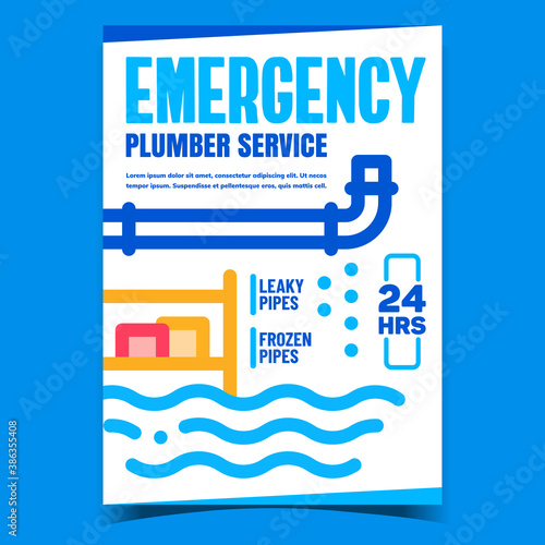 Emergency Plumber Service Promo Banner Vector. Frozen And Leaky Pipes Plumbing Repair Service Advertising Poster. Pipeline Repairing And Fixing Concept Template Style Color Illustration