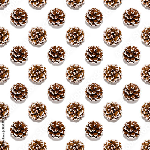 Pine cone seamless pattern isolated on white background. Print for paper, fabric or wallpaper with pinecones. Christmas, New Year and winter holiday theme