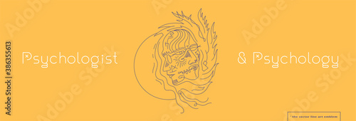 Psychologist logo concept. Psychology vector emblem cabinet with line art illustration. Psychotherapy banner with mental health care symbol, mental wellness courses sign, meditation practice logotype.