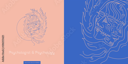 Psychologist logo concept. Psychology vector emblem cabinet with line art illustration. Psychotherapy banner with mental health care symbol, mental wellness courses sign, meditation practice logotype.
