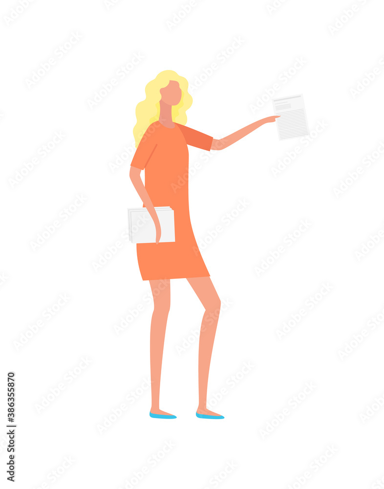 Woman holding documents in hand vector, isolated lady wearing formal dress. Boss of corporation with tasks, advisor secretary working female character Woman holding documents in hand vector, isolated lady wearing formal dress. Boss of corporation with tasks, advisor secretary working female character