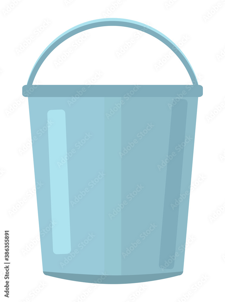 Cartoon plastic high cylindrical bucket with a handle. Bucket for water, mop the floors. Garbage collection tank. Wipe dust, tidy the house, house cleaning, mopping. Flat vector illustration Cartoon plastic high cylindrical bucket with a handle. Bucket for water, mop the floors. Garbage collection tank. Wipe dust, tidy the house, house cleaning, mopping. Flat vector illustration