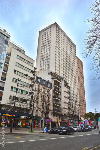 Paris  France - February 2nd 2020  Focus on the facade of a modern building  known as  HLM  in France. HLM are dwellings moderately rented  intended for very poor families.