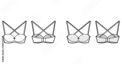 Bra convertible balconette lingerie technical fashion illustration with shoulder straps, hook-and-eye closure. Flat brassiere template front, back white style. Women men unisex underwear CAD mockup