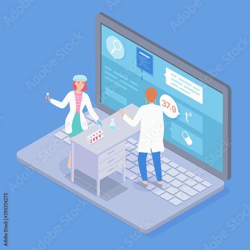 Lab technician and doctor standing on cartoon laptop, consulting patient with fever remotely. Woman with test tube and reagents makes tests, man uses headphones to speak to patient. Lab equipment