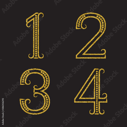 One, two, three, four golden numbers of sparkling dots. Artistic glittering font with flourishes.