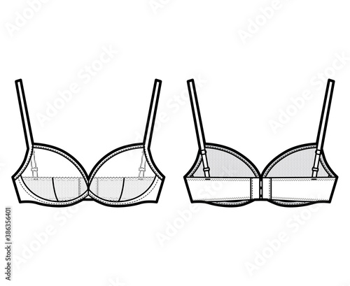 Sheer Bra lingerie technical fashion illustration with adjustable shoulder straps, hook-and-eye closure. Flat brassiere template front, back white color style. Women men unisex underwear CAD mockup
