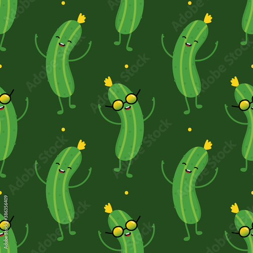 Cute and funny cucumber cartoon characters smiling, having fun, dancing. Vector seamless pattern background.