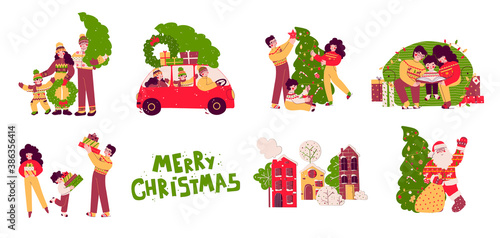 Happy christmas family vector illustration set. Vector festive illustration.