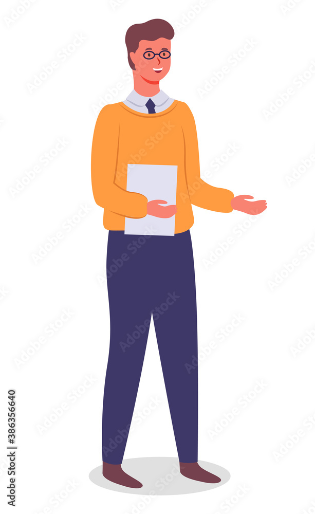 Young man in yellow sweater and blue trousers, with document in his hands. Office worker. Employees, colleagues or office staff. Communicate and work. Flat vector illustration isolated on white