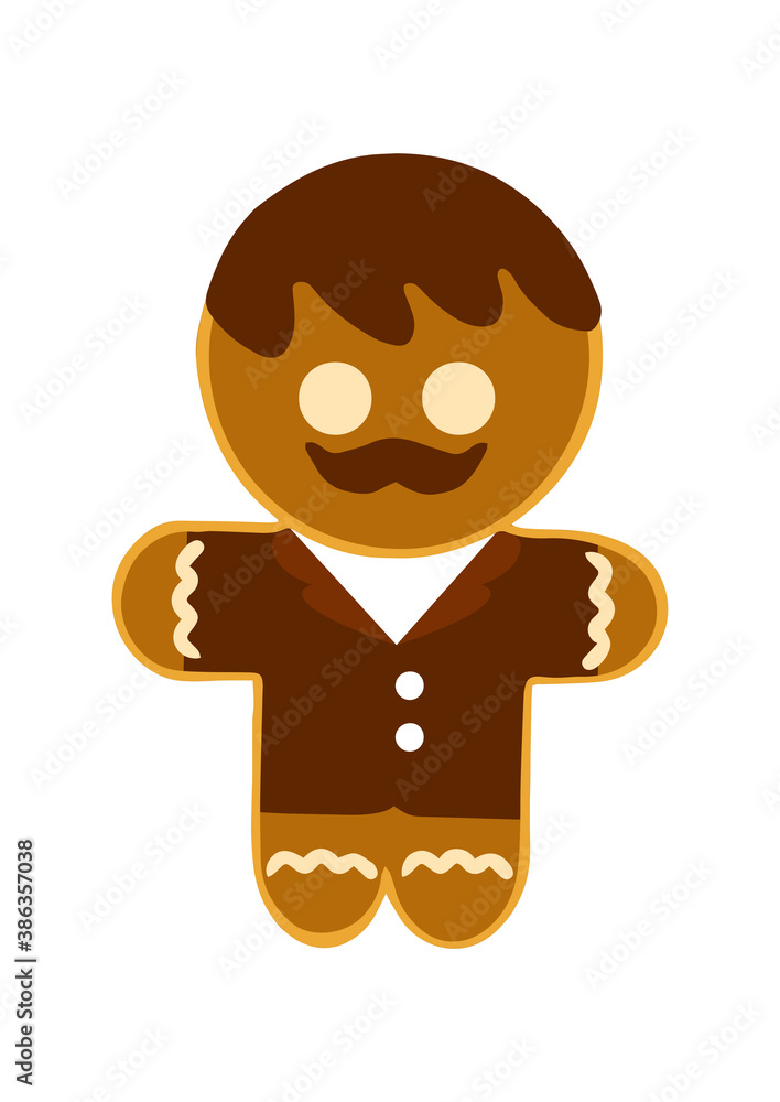 Obraz premium Gingerbread man in a jacket made of chocolate glaze on a white background. Graphic element for greeting card for New Year and Christmas. Vector illustration.