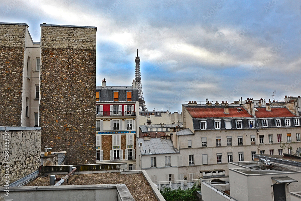 View of the eiffel tower from the roofs of Paris.