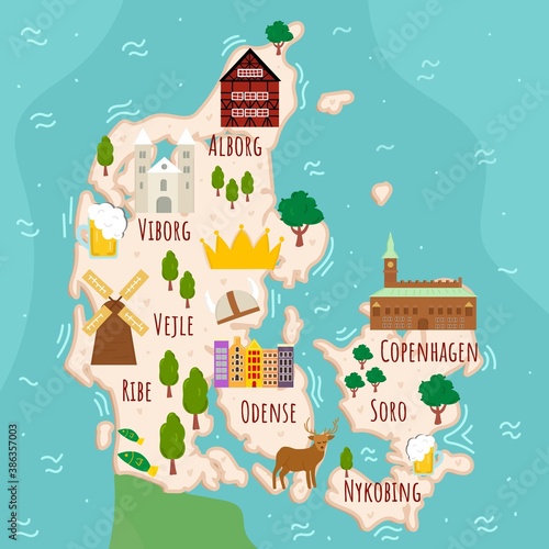 Stylized map of Denmark. Cartoon map with travel illustration. Famous landmarks, buildings, food and plants. Funny tourist infographics. National symbols. attractions. Vector illustration.