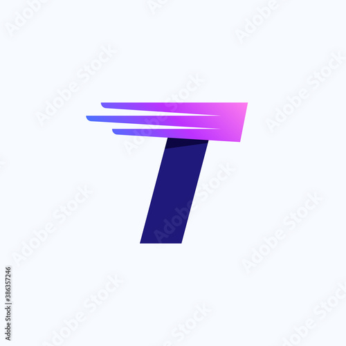 T letter logo with fast speed lines or wings.