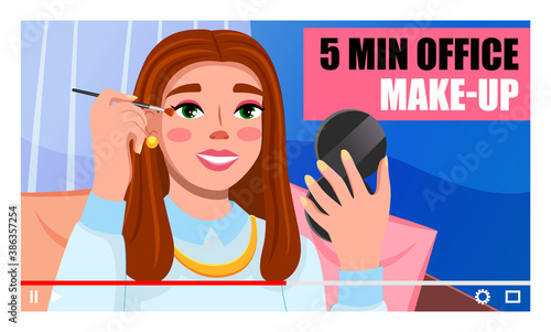 Young beautiful girl recording video. Videoblogger. Female doing 5 min office makeup. Fashion beauty blogger. Online channel concept, female video streamer. Woman brown haired shows ho to do make up