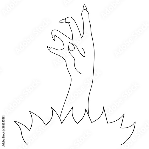 The dead man hand made its way to the surface. Sketch. Curved fingers with sharp claws. Vector illustration. Doodle style.  A sinister zombie palm crawls out of the ground to grab you. Halloween.