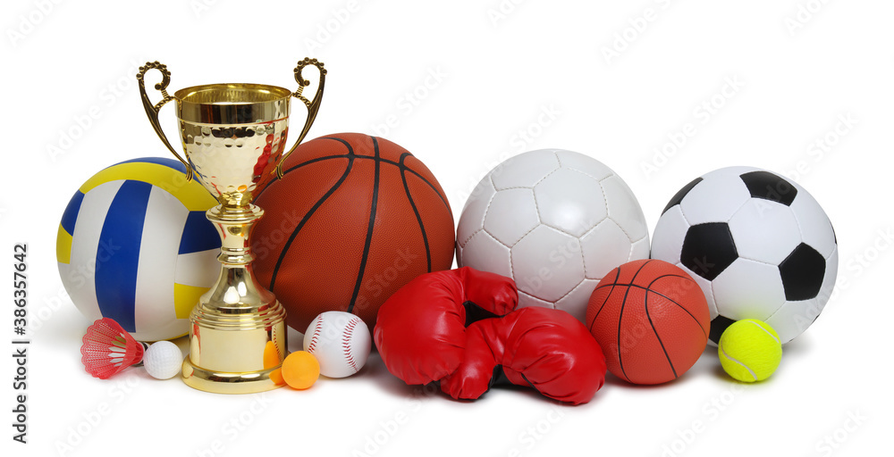 Various sport equipments isolated on white