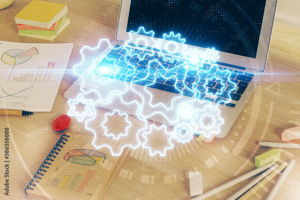 Multi exposure of business theme icons and work space with computer background. Concept of success. Multi exposure of business theme icons and work space with computer background. Concept of success.