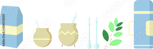 Set of flat vectors for yerba mate accessories and tradition including teacup for the herb, typical straw, flask for hot water, plant and bag. South American beverage. 