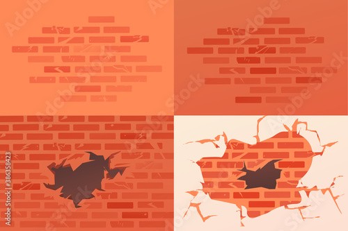 Brick walls set. Pattern of red brick. Destroyed wall, collapse of masonry, accident, strong blow against the wall.