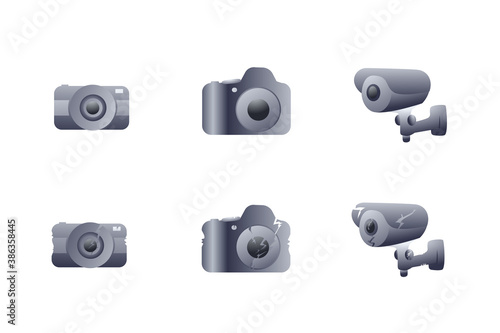 Set of illustrations of the camera on a white background. DSLR and surveillance camera for the street and offices. Repair of broken old cameras.