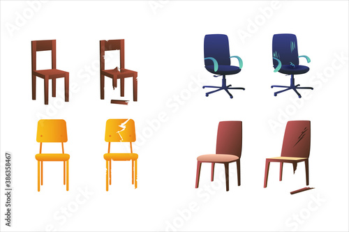Set of illustrations of chairs on a white background. Office chairs, school chairs and office chair. Broken chair repair. Shabby, tornchairs.