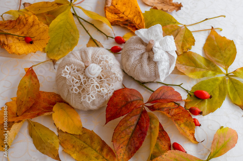 Autumn leaves yellow thanksgiving pumpkin table flat lay photo