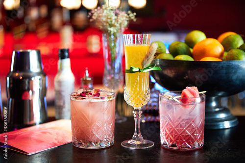 modern pink and yellow cocktails at the bar