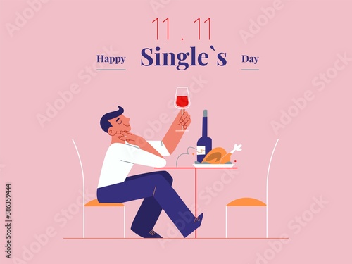 Young single man is celebrating Singles day - November 11 - with wine and roast. Holiday for bachelors, which opens Chinese shopping season. Social trends and and their cultural background