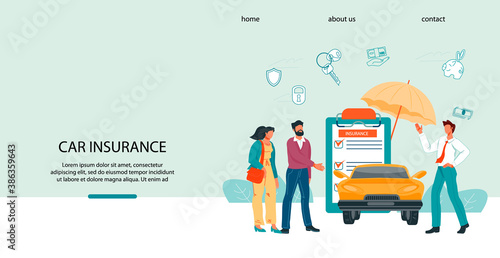 Car insurance website or landing page template with cartoon characters of agent and car owners, flat vector illustration. Web page for automobile insurance agency.