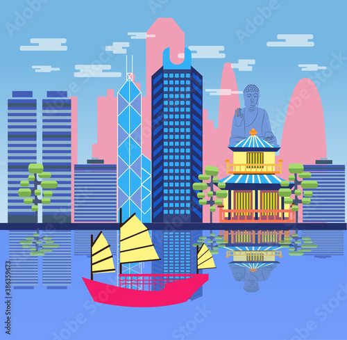 Attractive Hong Kong skyline harbour with tourist junk.