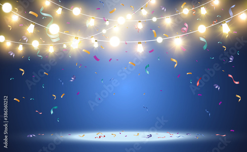 Christmas bright, beautiful lights, design elements. Glowing lights for design of Xmas greeting cards. Garlands, light Christmas decorations.