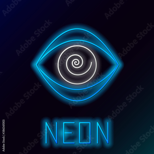 Glowing neon line Hypnosis icon isolated on black background. Human eye with spiral hypnotic iris. Colorful outline concept. Vector.