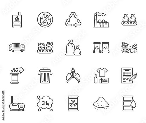 Waste recycling flat line icons set. Garbage bag, truck, incinerator factory, container, bin, rubbish dump vector illustration. Outline signs of trash management. Pixel perfect. Editable Stroke