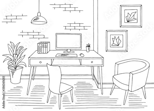 Office graphic black white interior sketch illustration vector