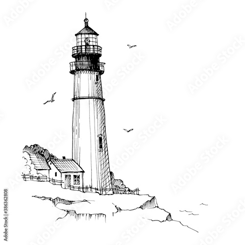 Lighthouse. Hand drawn sketch. Ancient architecture