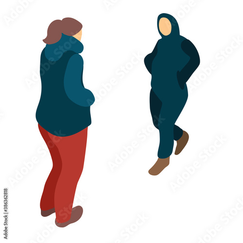 Woman walking towards standing woman. People outdoors isolated on white background. Flat cartoon people vector illustration 
