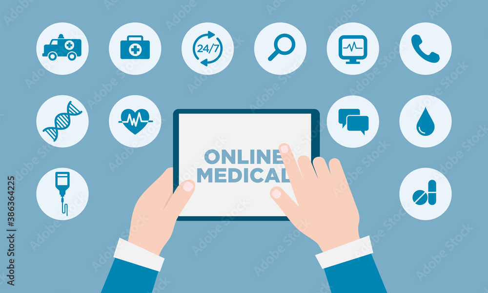 Vector illustration of online healthcare technology. Suitable for design elements of virtual doctor webpages, medical consultations and online emergency services. Ambulance icon set, medicines. Vector illustration of online healthcare technology. Suitable for design elements of virtual doctor webpages, medical consultations and online emergency services. Ambulance icon set, medicines.