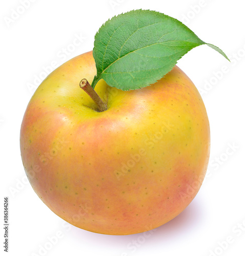 Yellow apple fruit isolated on white Background, Toki apple fruit with leaf isolated on white With clipping path.