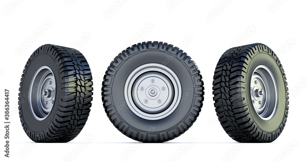 Three black tires. 3D render of Automotive wheel isolated on white background. car tire.