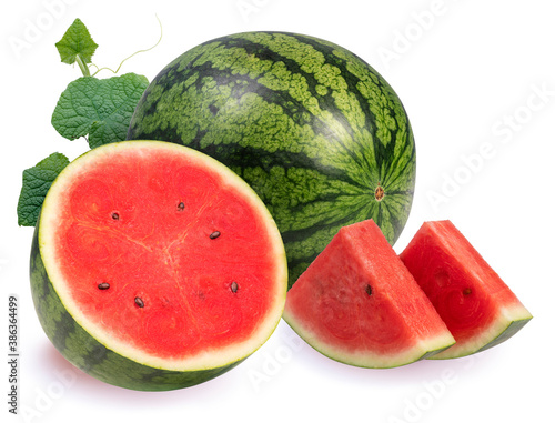 Watermelon with leaves isolated on white background, Watermelon on a white background With clipping path.