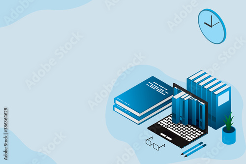 Online education, training, courses, e-learning , distance learning, exam preparation, home schooling. Web banner background. Workplace with laptop, books, pencil.