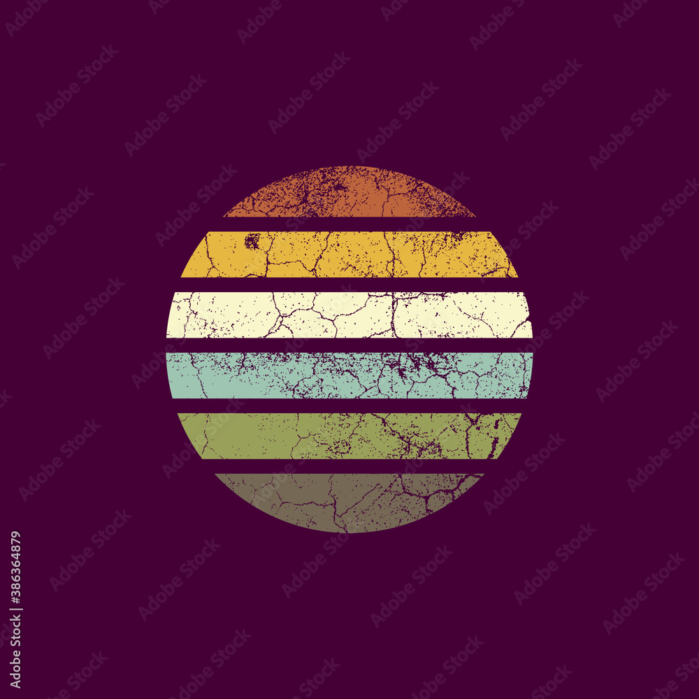 Retro sunset in 80-90s style with grunge texture. Graphic silhouette of the sun on a dark isolated background. Yellow-blue colored gradient. Vintage style for logo icons, templates, poster. Vector. - obrazy, fototapety, plakaty 