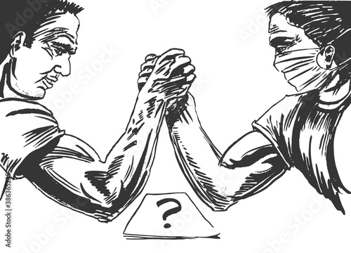 Arm wrestling between two people. Hand drawing illustration.
